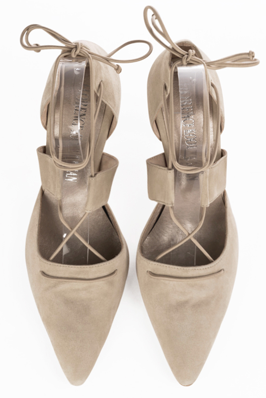 Champagne beige women's open side shoes, with lace straps. Tapered toe. Very high spool heels. Top view - Florence KOOIJMAN